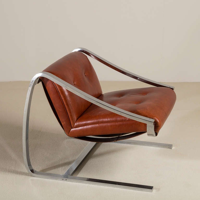 American Cantilevered Steel & Leather Chairs, manner of Charles Gibilterra for Brueton For Sale