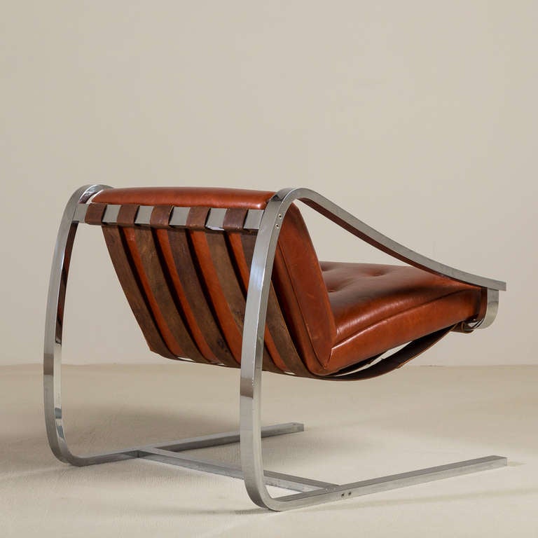 Cantilevered Steel & Leather Chairs, manner of Charles Gibilterra for Brueton For Sale 1