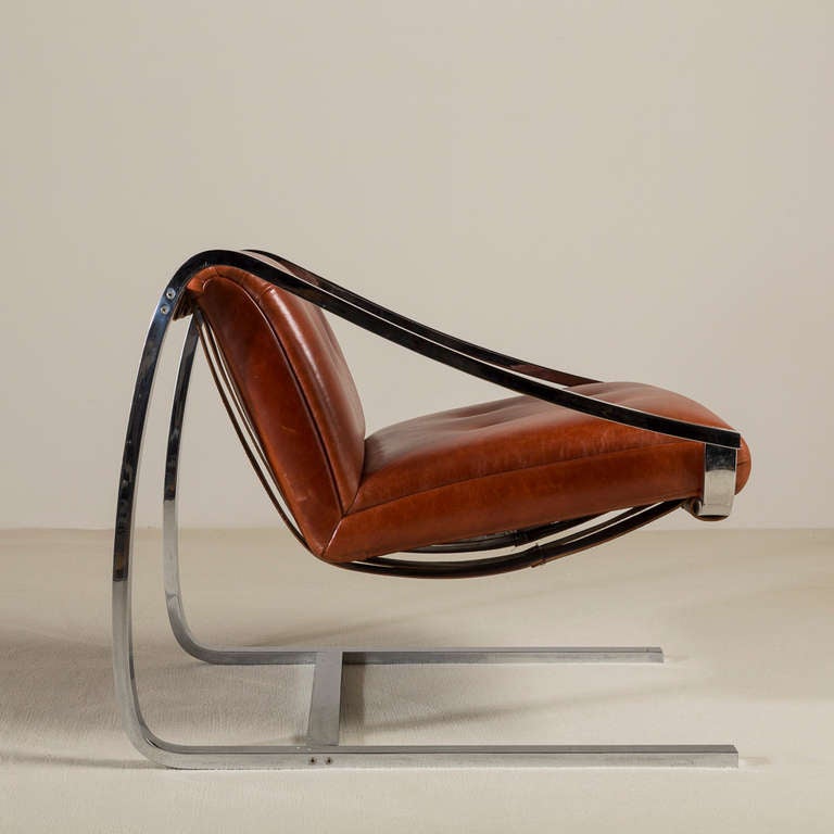 Cantilevered Steel & Leather Chairs, manner of Charles Gibilterra for Brueton In Fair Condition For Sale In London, GB