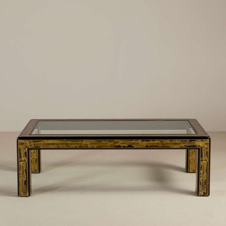 An Acid Etched Bernhard Rohne designed for Mastercraft Coffee Table with Inset Glass Top USA, 1980s
