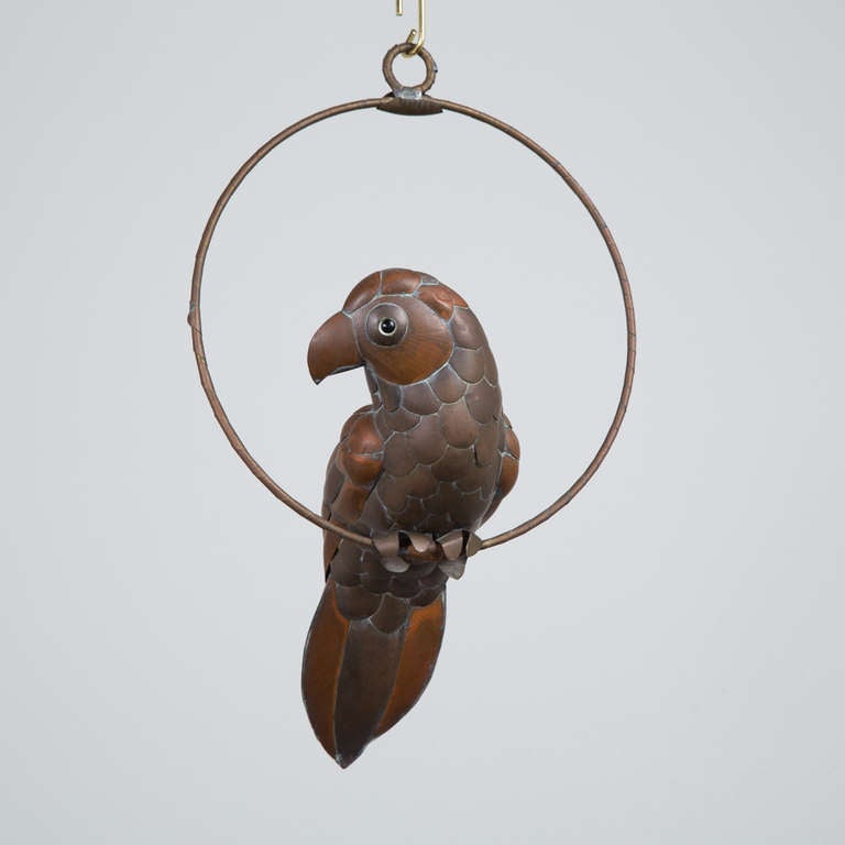 A Small Tarnished Parrot on a Hoop Stand by Sergio Bustamante, 1960-1970s