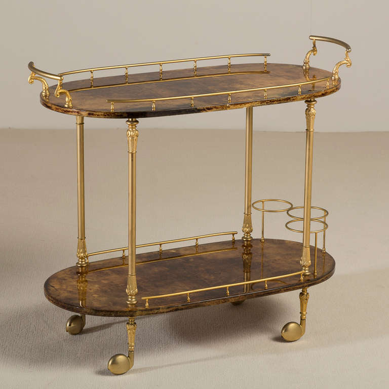 A Small Brown Lacquered Goatskin Bar Cart by Aldo Tura. Italy, 1950s stamped.