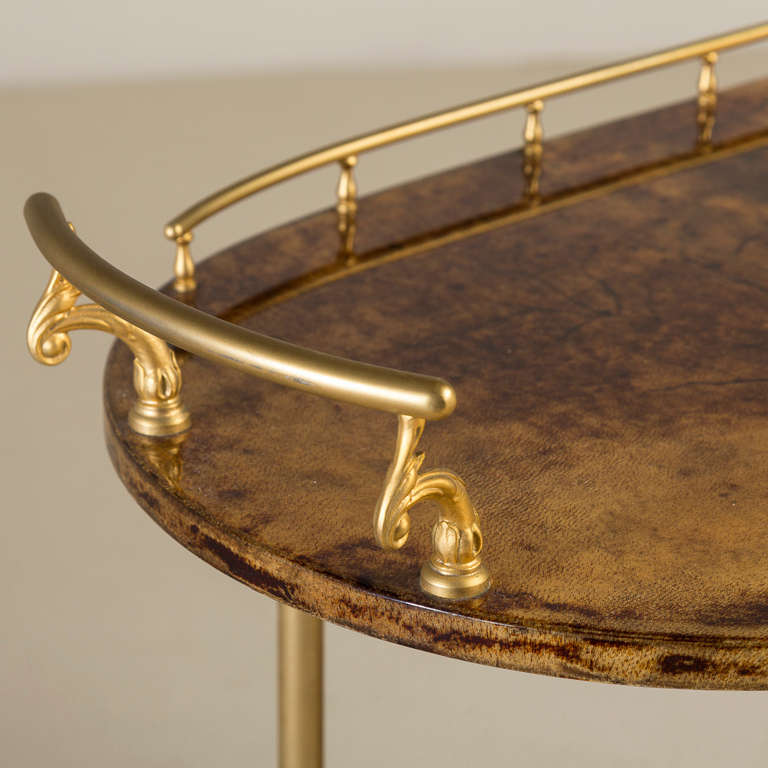 Mid-20th Century Small Brown Lacquered Goatskin Bar Cart by Aldo Tura 