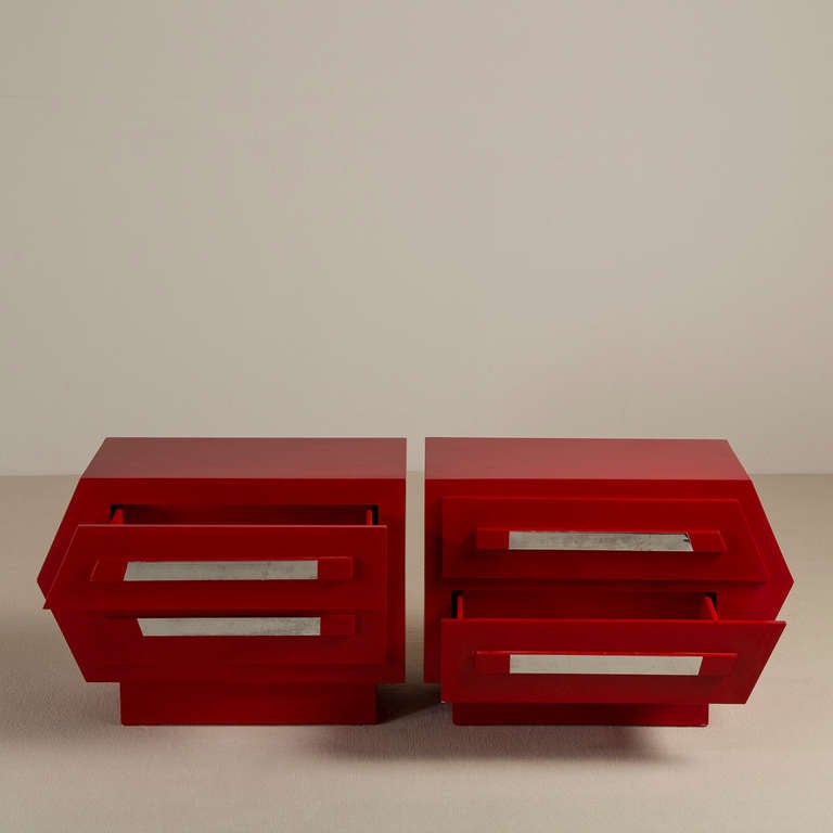 20th Century Pair of Red Arrow Handed, Two Drawer Side Cabinets