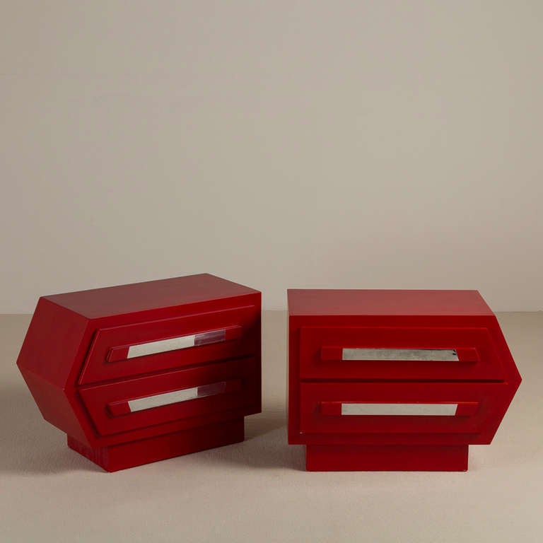 A Pair of Red Arrow Handed Two Drawer Side Cabinets, 1980s