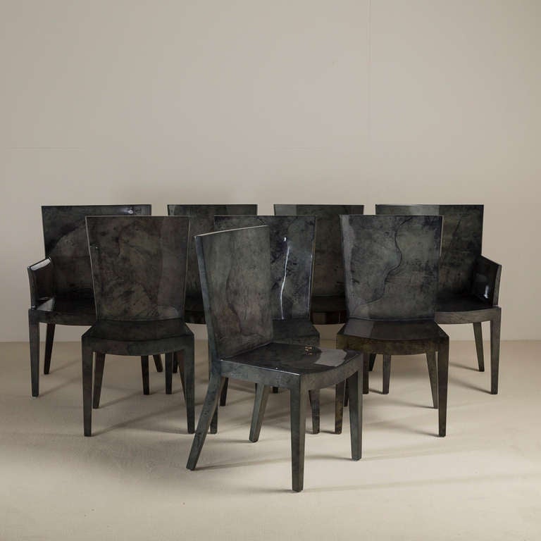 Set of six grey lacquered goatskin chairs, 1980s

Pair of carvers, six side chairs
