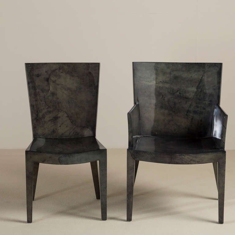 Late 20th Century Set of Eight Grey Lacquered Goatskin Chairs, Pair of Carvers Six Side Chairs For Sale
