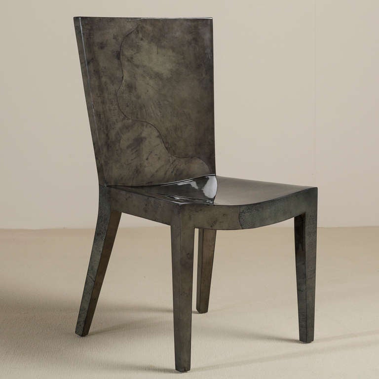 Set of Eight Grey Lacquered Goatskin Chairs, Pair of Carvers Six Side Chairs For Sale 1