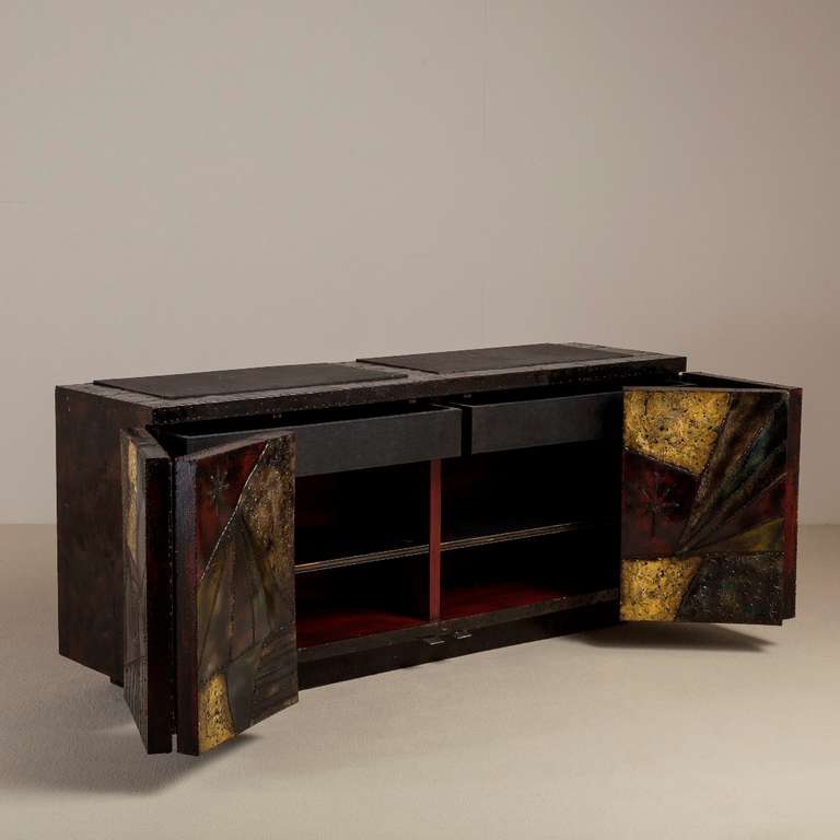 A Paul Evans Studio for Directional Sculpted and Welded Steel Double Concertina Door Cabinet with Enamel Detail and Slate Top Signed and Dated 1967