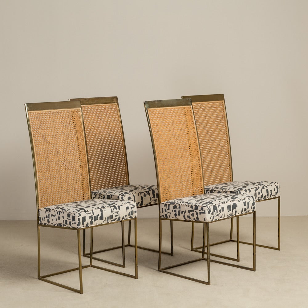 A set of four Milo Baughman designed rattan back dining chairs 1970s fully reupholstered by Talisman

Milo Baughman Design Inc was established in 1947. In 1948 he helped create the California Modern collection for Glenn of California which included