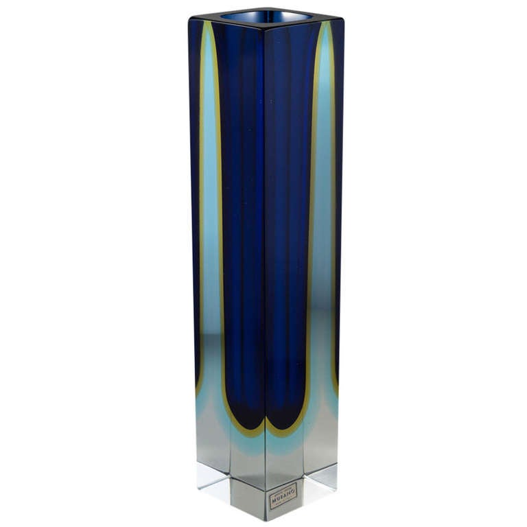 Tall square Murano Sommerso glass vase with a blue, gold and pale turquoise centre cased in clear glass. Stamped 1960s.