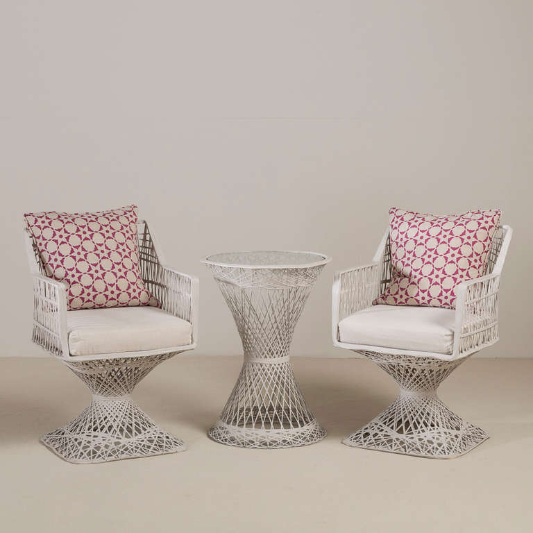 A Pair of Square Backed Spun Armchairs and Spun Side Table, USA 1960s.