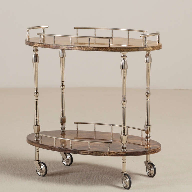 A Small Two-Tiered Aldo Tura designed Oval Lacquered Goatskin Barcart with Nickel Plated Metalwork Italy 1950s, Talisman Edition