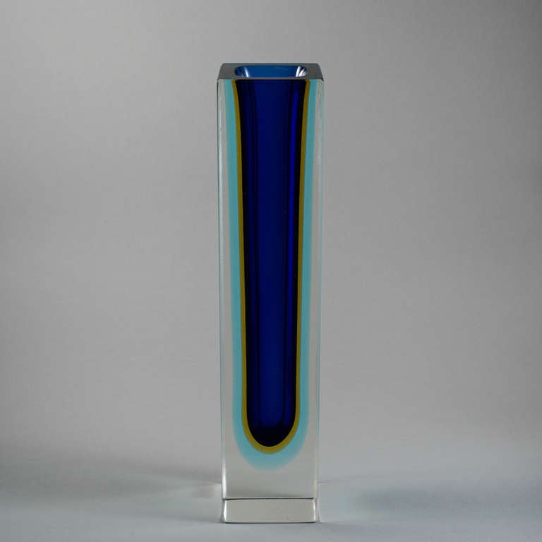 Italian Tall Square Murano Sommerso Glass Vase For Sale