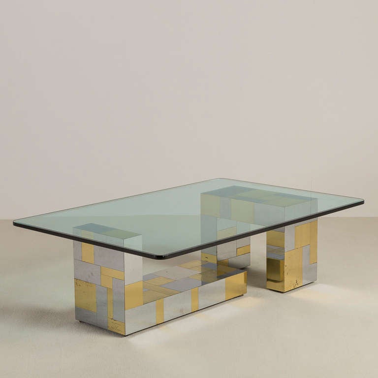 A Two Part Brass and Chrome Coffee Table Base Designed by Paul Evans from his Cityscape Collection for Directional, circa 1970s.