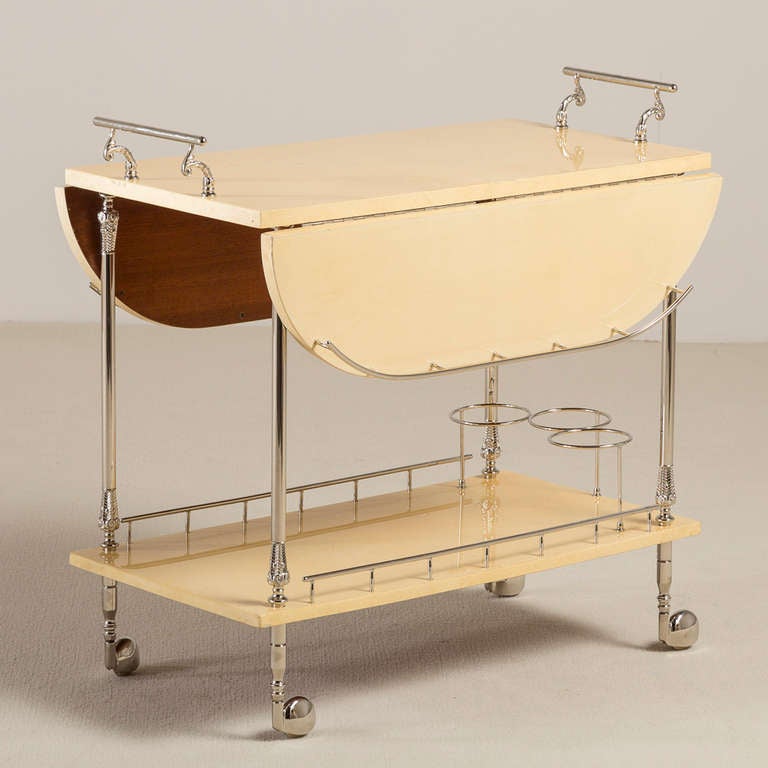 A Lacquered Goatskin Bar Cart by Aldo Tura Italy with Nickel Plated Metalwork 1950s, Talisman Edition