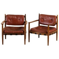 Pair of Ire Mobler Leather Upholstered Swedish Armchairs, 1960s