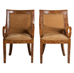 Pair of Coconut Shell Veneered Karl Springer Style Armchairs, 1980s
