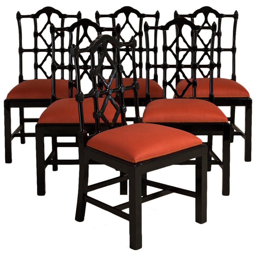 Set of Six Gloss Ebonised Framed Asian Modern Dining Chairs, 1960s For Sale