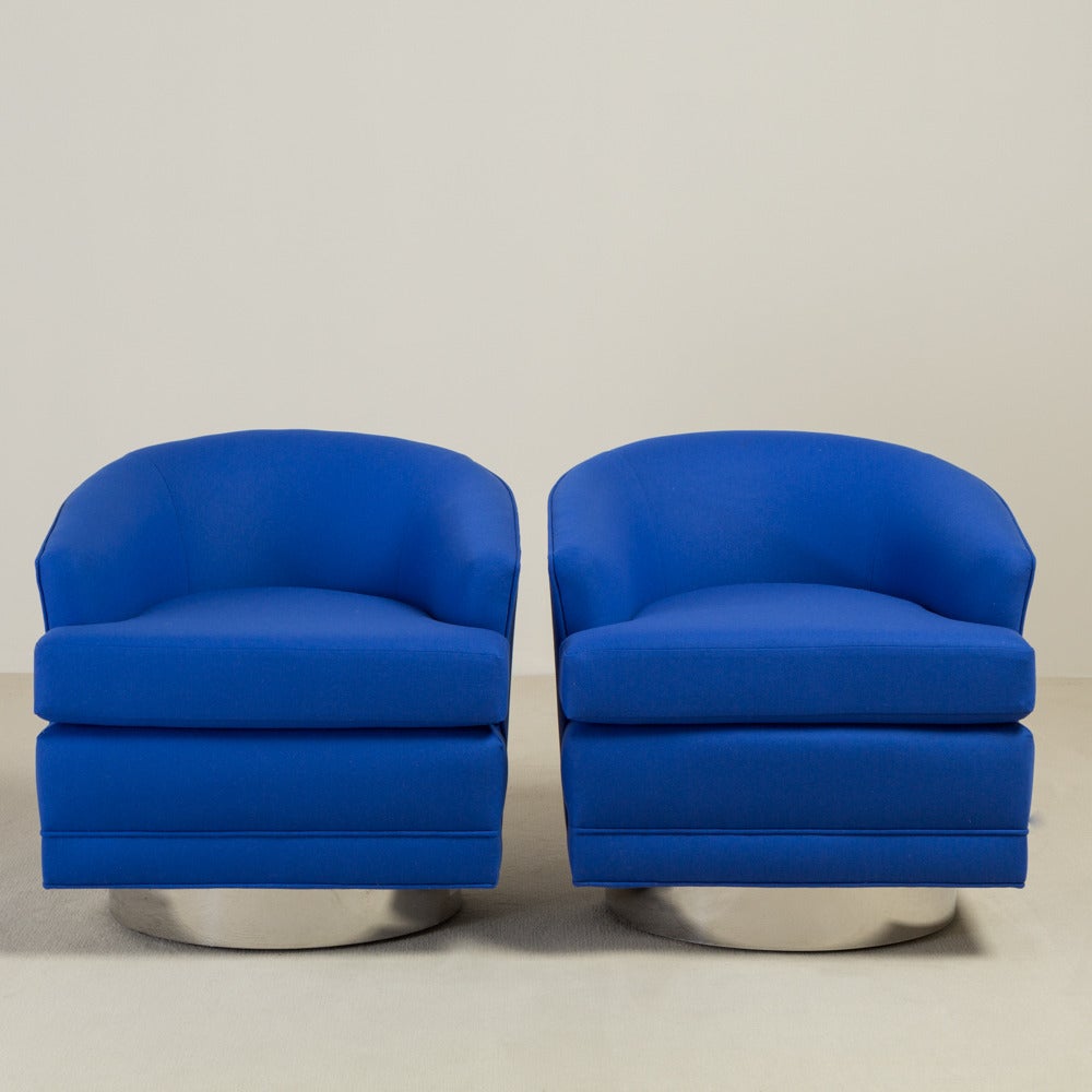 pair of cobalt blue wool upholstered swivel chairs 1970s pair of cobalt blue wool upholstered swivel chairs 1970s