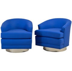 Pair of Cobalt Blue Wool Upholstered Swivel Chairs, 1970s