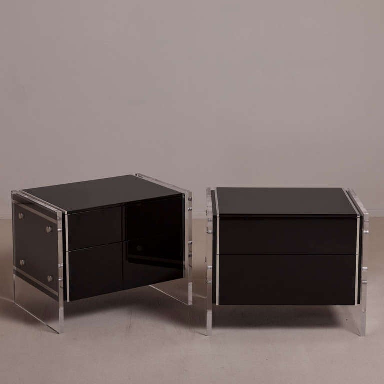 A Pair of Jet Black Lacquer and Nickel Detailed Two Drawer Lucite Slab Ended Side Cabinets 1970s