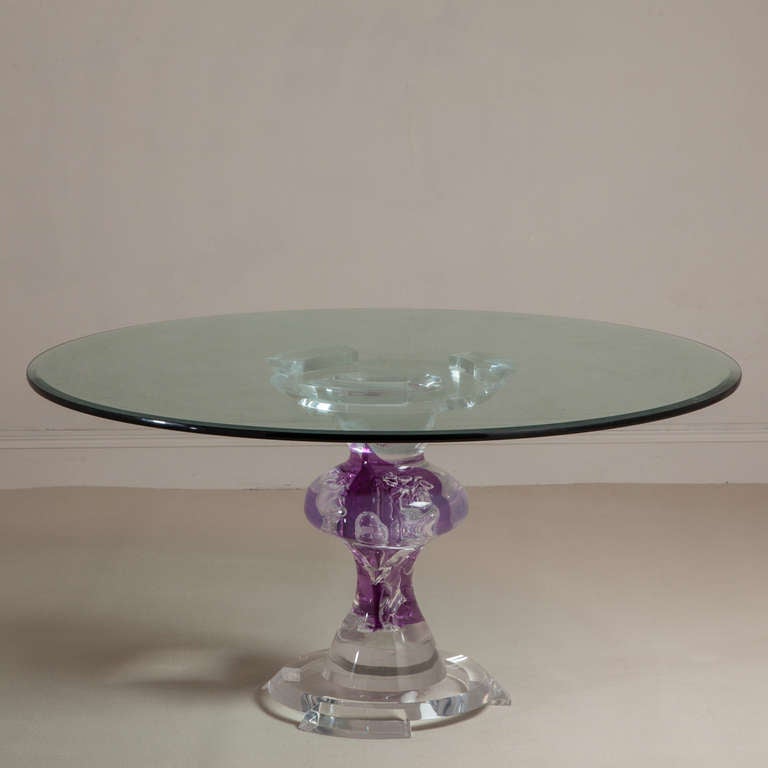 A Heavy Clear and Purple Marbled Lucite Dining Table with Glass Top 1980s