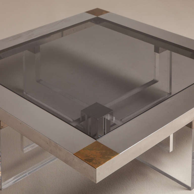 American Brass, Chrome and Lucite Coffee Table with Glass Top, 1970s For Sale