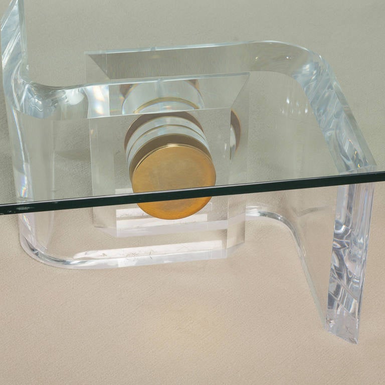 Late 20th Century Heavy Lucite and Brass Bolt Detail Coffee Table, 1970s For Sale