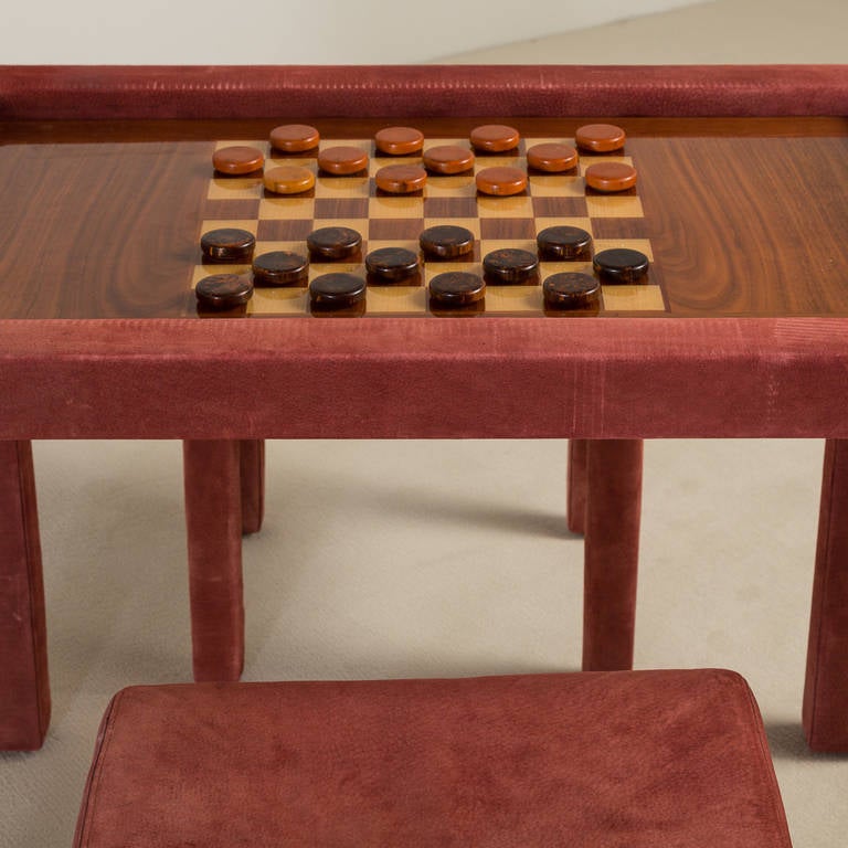Late 20th Century A Red Suede Wrapped Games Table and Stools 1980s