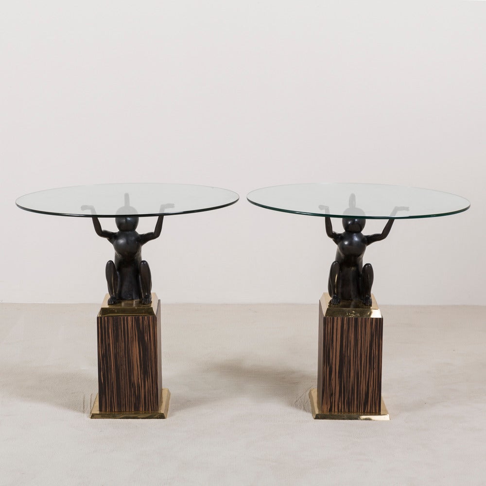 A Sublime Double Pedestal Bronze Monkey Console Table in the manner of Hagenauer Mounted on Brass and Exotic Wood Plinths with a Glass Top