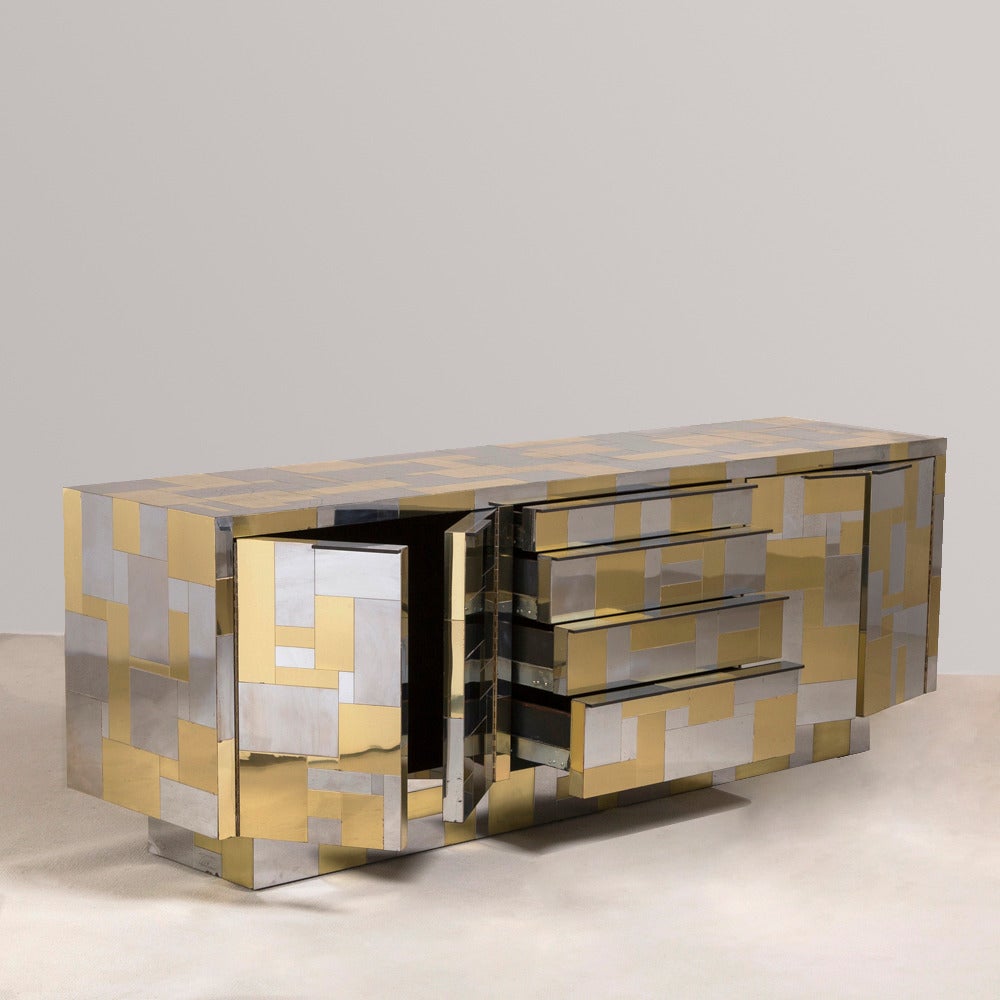 A Paul Evans designed brass and chrome Cityscape collection cabinet for Directional, circa 1975.