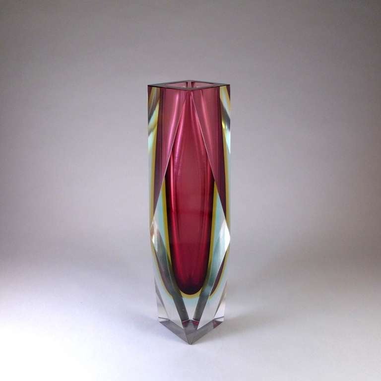 A Large Facet Cut Murano Sommerso Glass Vase with a Deep Pink and Gold Centre Cased in Clear Glass