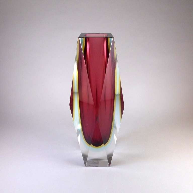 Italian A Facet Cut Murano Sommerso Glass Vase with a Deep Pink Centre