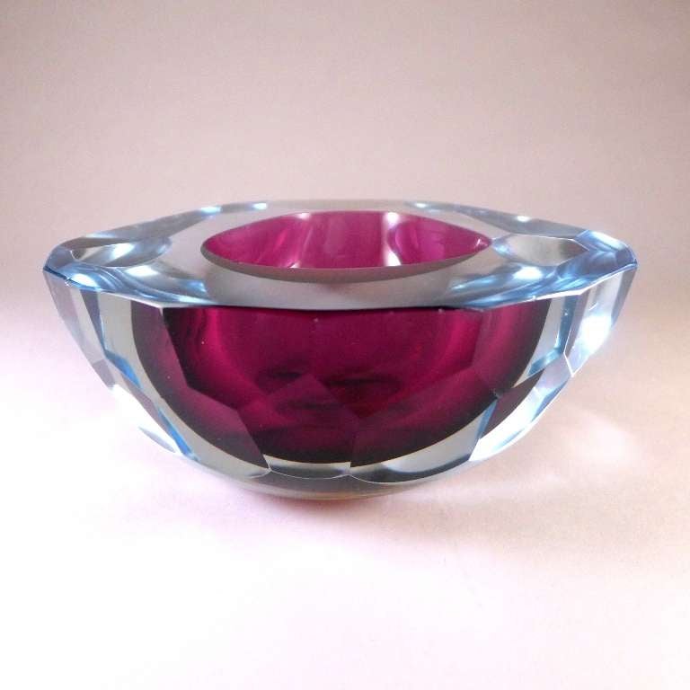 A Large Faceted Murano Sommerso Glass Ashtray with a Deep Purple Centre Cased in Pale Blue Glass