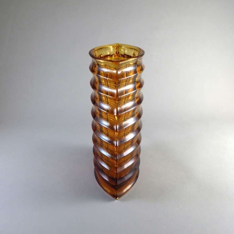 A Ribbed Elliptical Amber Pressed Glass Vase For Sale at 1stDibs