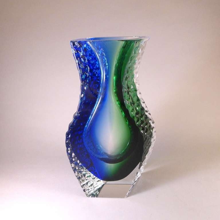 A Large Blue and Green Mandruzzato Vase Cased in Clear Heavy Relief Glass