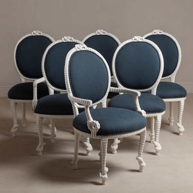 A Set of Six White Lacquered Faux Rope Framed Dining Chairs 1960s, Talisman Edition