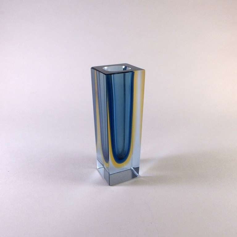 A Small Rectangular Murano Sommerso Glass Vase with a Pale Blue, Deep Blue and Gold Centre Cased in Clear Glass