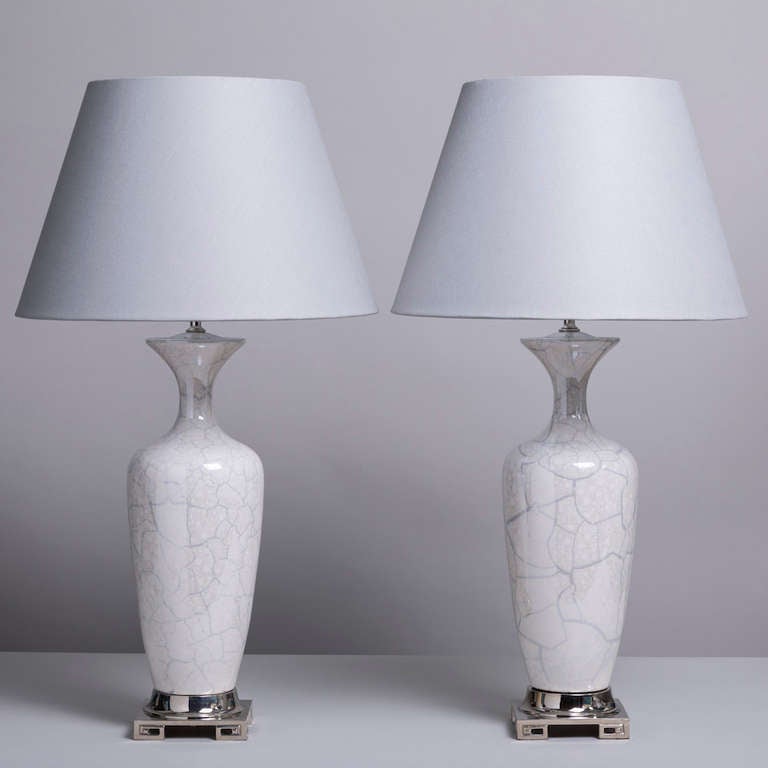 A Tall Pair of Crackled Glazed Ceramic Asian Modern Table Lamps on Nickel Plated Mounts 1970s, Talisman Edition