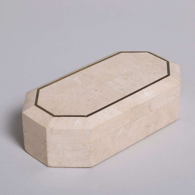 A Maitland Smith Designed Oblong Tessellated Stone Veneered Box with Bronze Inlay 1980s

