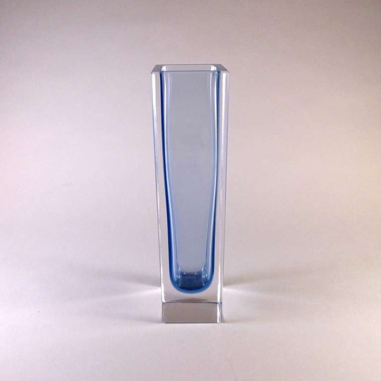 Rare rectangular Murano Sommerso glass vase with a pale blue centre cased in clear glass.
Etched Signature - Cristall Murano.