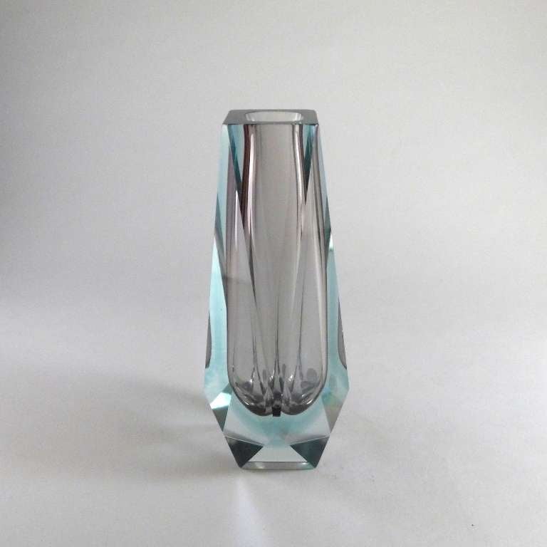 A Murano Sommerso Faceted Glass Vase with a Pale Grey Centre Cased in Pale Blue and Clear Glass