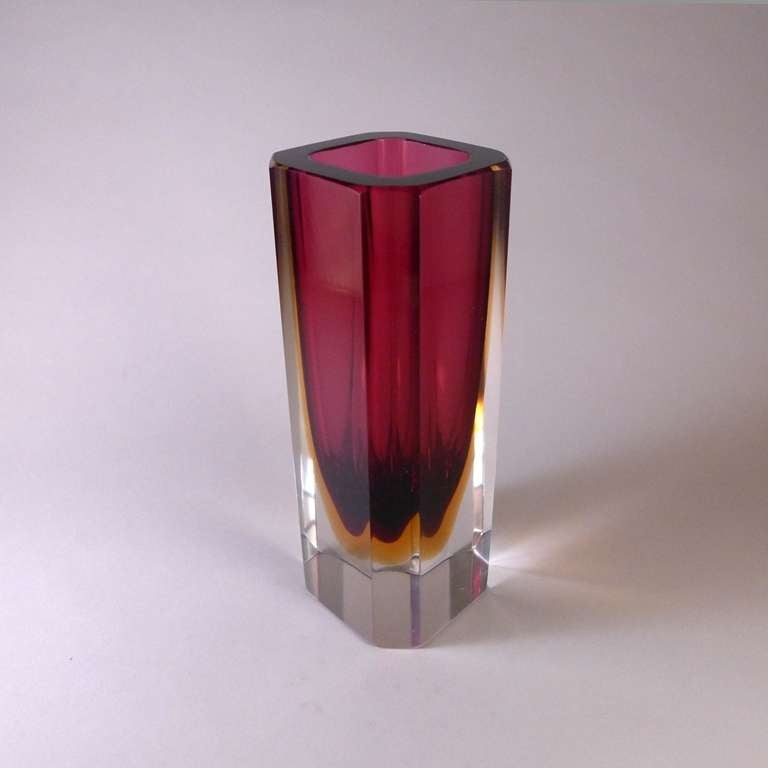 Unusual rectangular Murano Sommerso glass vase with canted corners with a pink and amber centre cased in clear glass.
