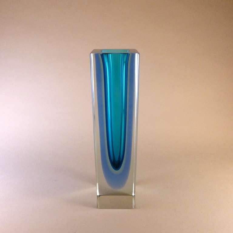 A Square Murano Sommerso Glass Vase with a Blue Centre