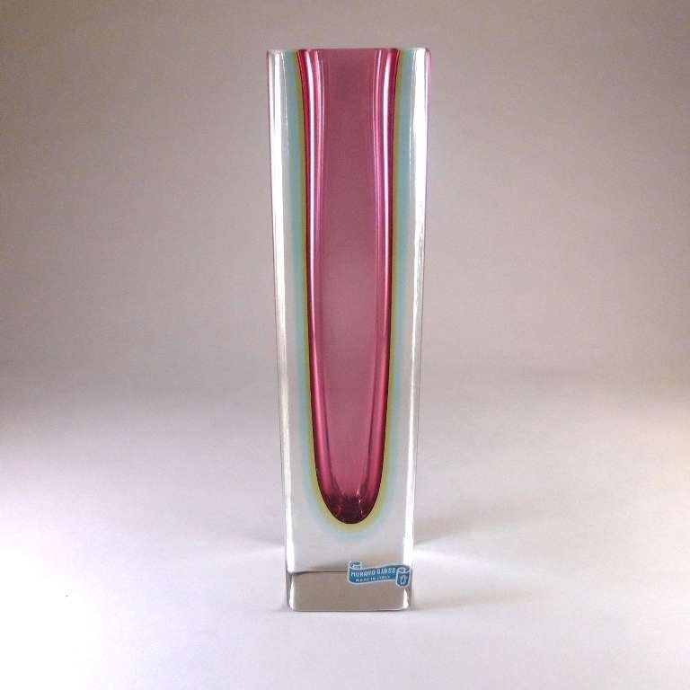 A Rectangular Murano Sommerso Glass Vase with a Pink, Gold and Pale Blue Centre Cased in Clear Glass