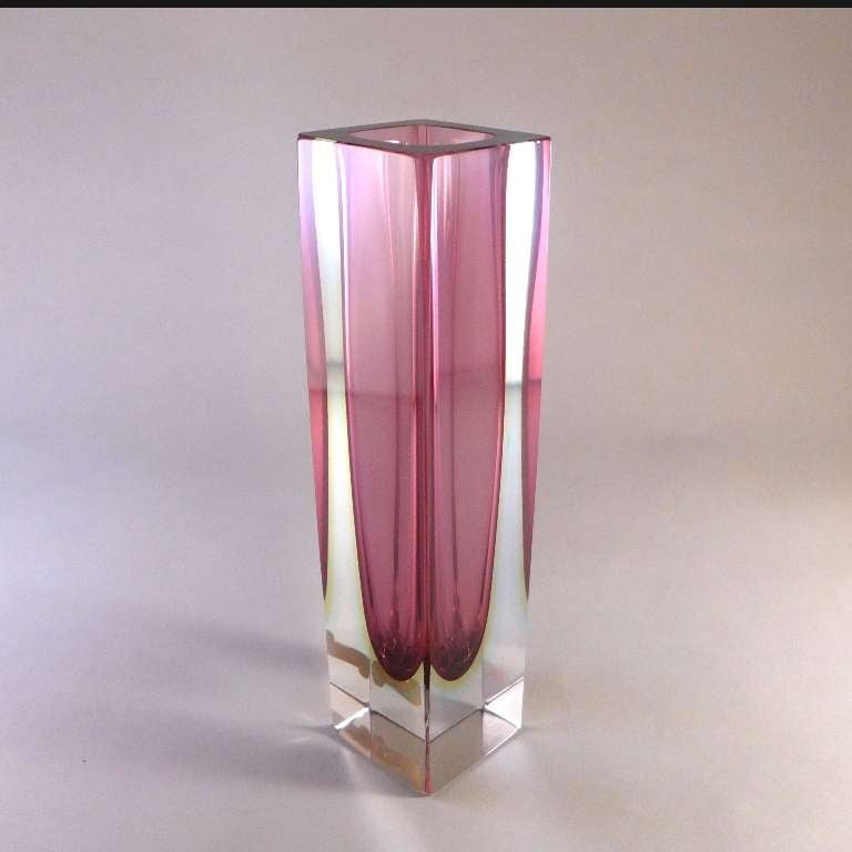 Italian A Pink Rectangular Murano Sommerso Glass Vase