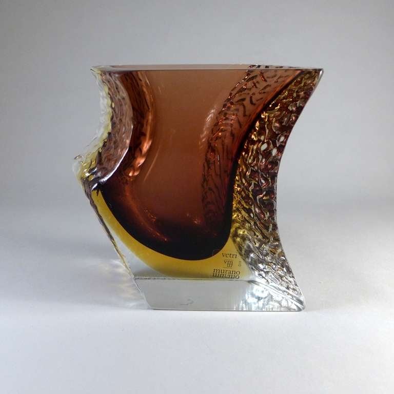 A Large Asymmetrical Mandruzzato Designed Murano Sommerso Glass Vase with a Plum and Gold Centre Cased in Clear Relief Detail Stamped