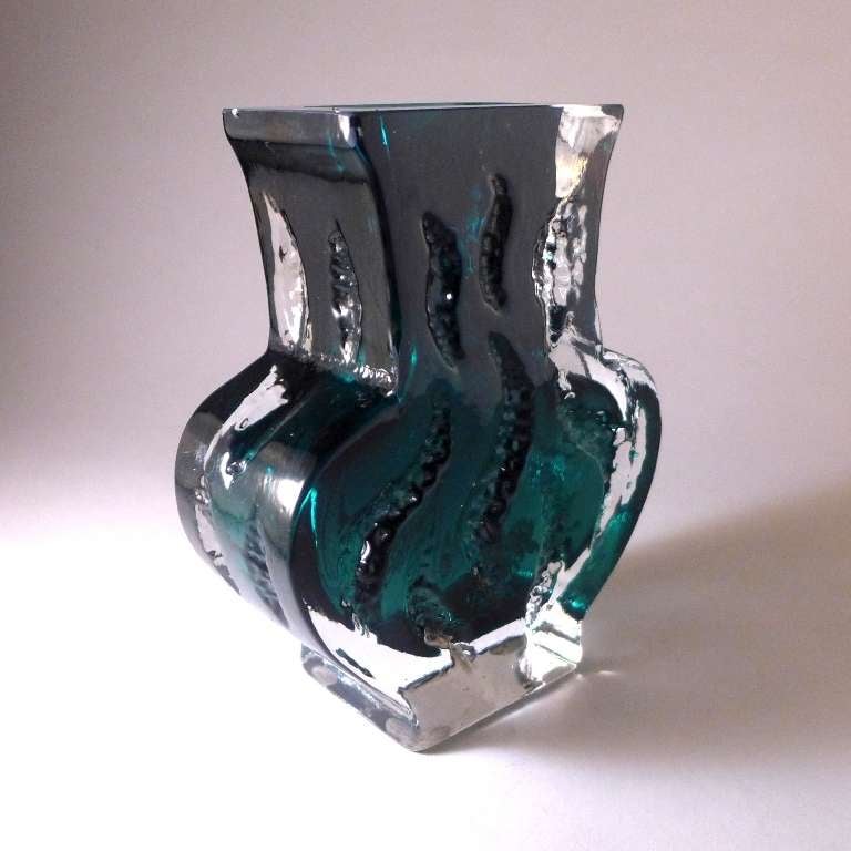 A Large Ingrid Glass Designed Sommerso Glass Vase with a Teal Centre Cased in a Clear Clear Relief Detail Germany