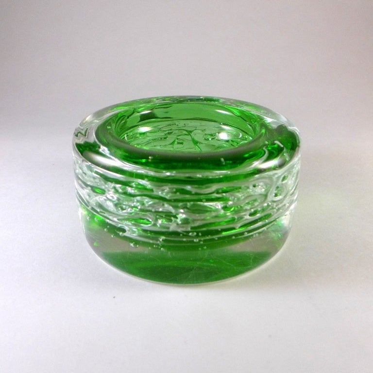 Chunky Sommerso glass bowl with a green and clear patterned centre cased in clear glass.